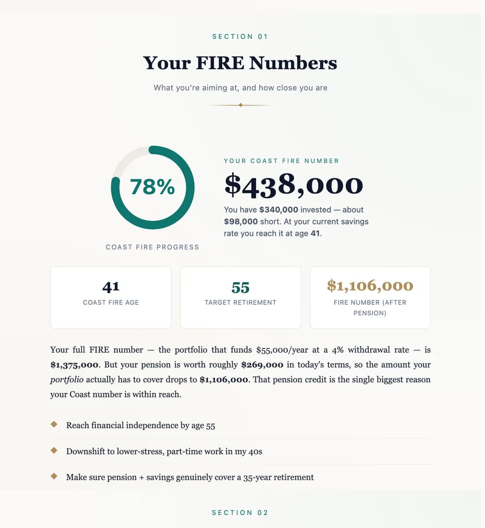 Your Coast FIRE number, a progress ring, and the age you can stop saving